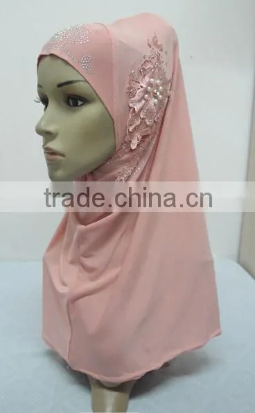 H299 Latest One Piece Instant Hijab With Lace and Rhinestones,muslim Scarf photo-5