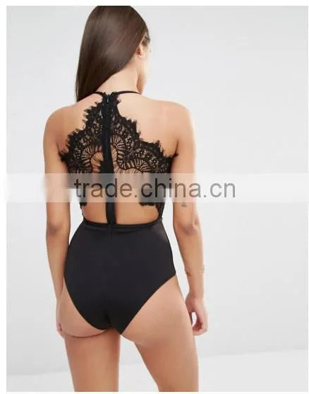 Halter Neck Cut-work Designer Sexy Apparel Women Black Scallop Lace Bodysuit