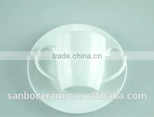 White Porcelain Cup Saucer Double Handles , Stock Cups Chaozhou Factory Sanbo photo-2