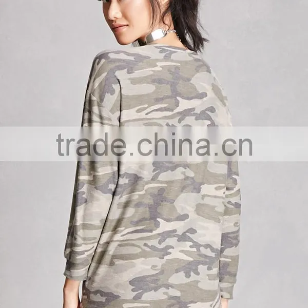 100 Polyester Sweatshirt Women Round Neck Long Sleeve Camo Longline Sweater Without Hood photo-4