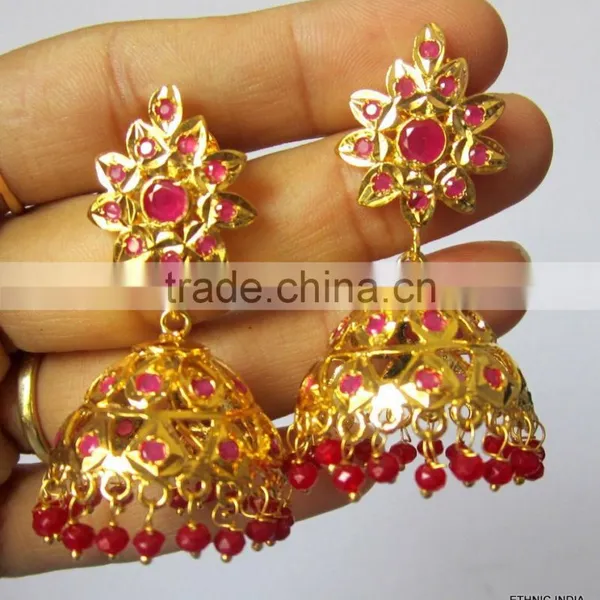 JADAU GOLD PLATED Dangler RUBY JHUMKA TEMPLE EARRINGS photo-3