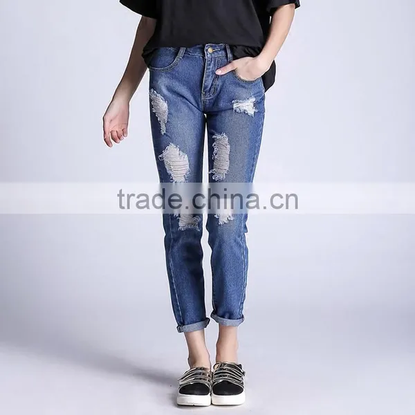 2017 Newest Ladies Plus Size Frayed Solid Jeans Pants photo-3