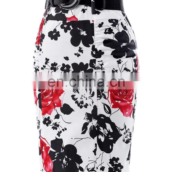 Kate Kasin Women's Shirred Detail Flower Pattern Cotton Pencil Skirt With Wide Belt KK000610-2 photo-3