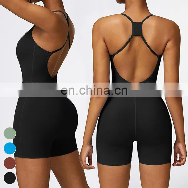 Sexy Rompers Sports Sets Workout Bodysuit Gym Fitness Jumpsuits Sleeveless Cross Back One Piece Short Yoga Jumpsuit For Women photo-3