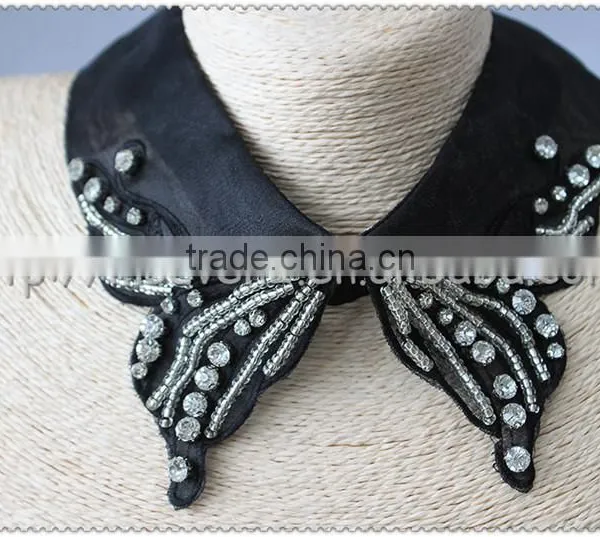 Crystal Beaded Black Flower Necklace, Knitted Flower Collar With Beaded for Garments photo-3