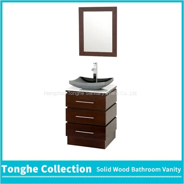 22'' Brown Bathroom Vanity Cabinet White Stone Top Glass Vessel Sink photo-5