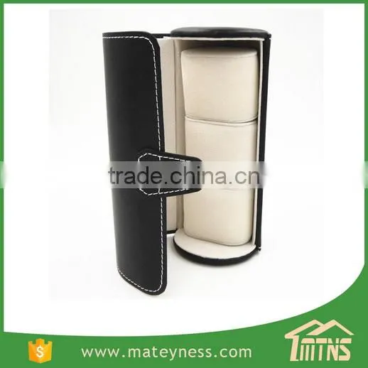 Black 3-slot Leather Cylinder Watch Box photo-3