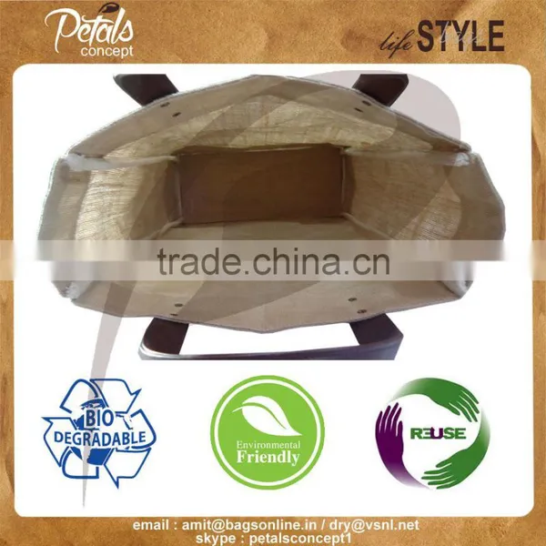 Leather Handle Jute Bag - With Removable Hard Base - Genuine Leather Handle - Luxary Bag photo-4