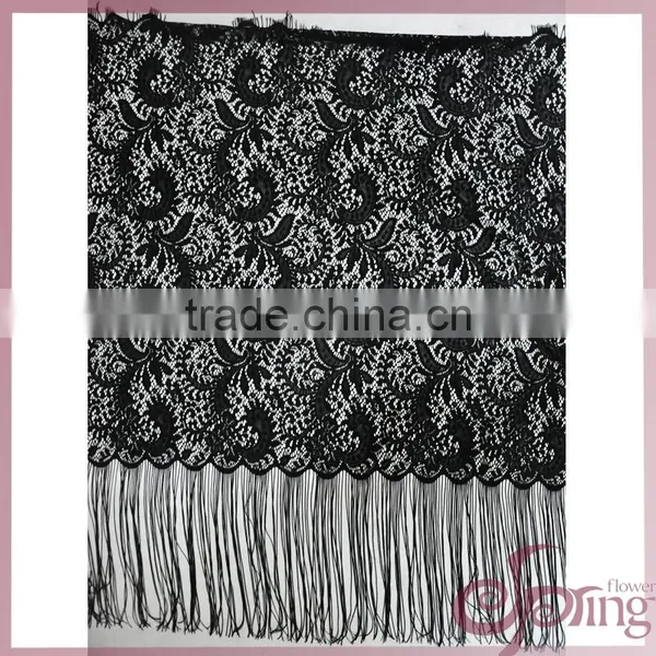 Elegant Flower Tricot Fabric With Tassel Fringe, Black French Lace Fabric for Dress