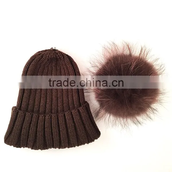 Myfur Men Wool Blend Acrylic Knitted Hat With Fluffy Raccoon Fur Pom Pom photo-3