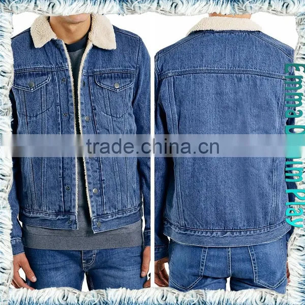 Cool Design Vintage Mens Fur Collar Short Fleece Lining Blue Denim Jackets photo-4