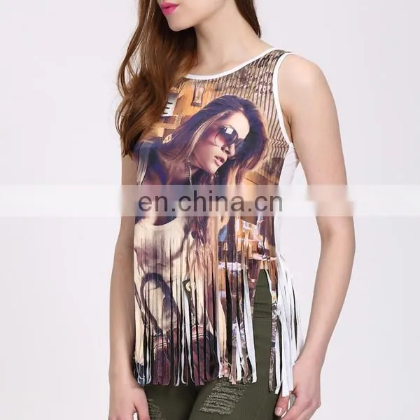 Newest Fashion Sleeveless Shirt With Tassels Sexy Printed Tank Top photo-4