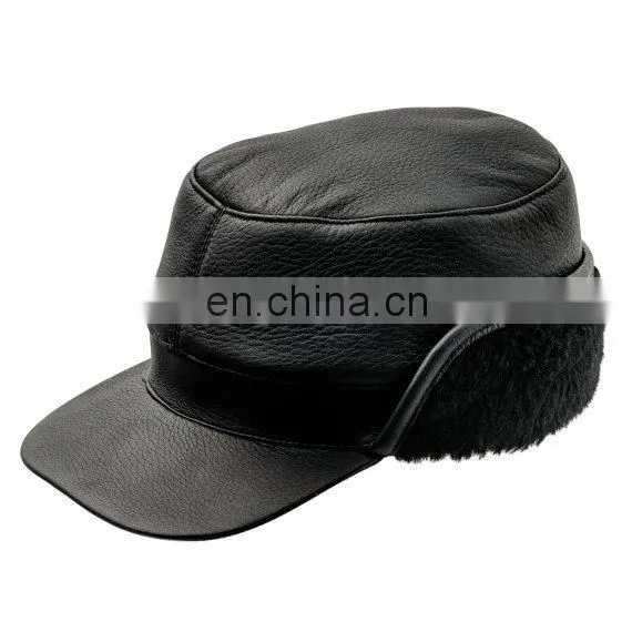 Winter Leather Cap With Earflap Military Cadet Army Flat Top Hat