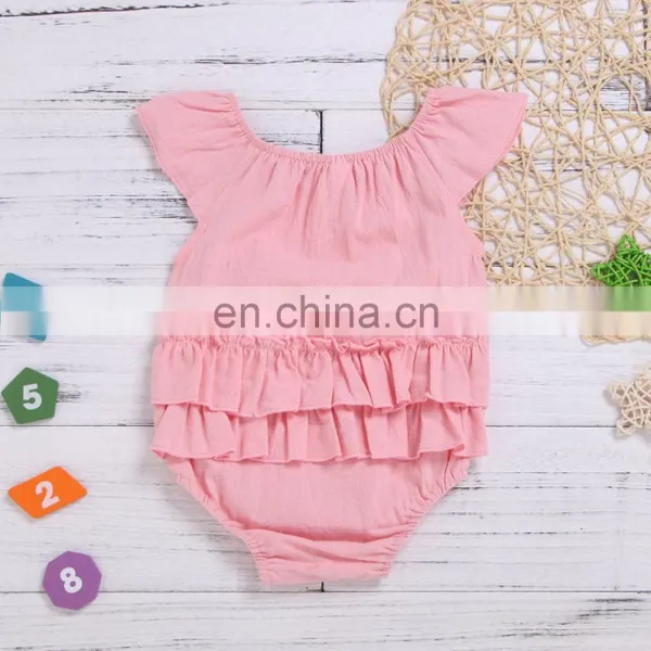 Wholesale Infants & Toddler Linen Clothes Fly Sleeve Ruffle On Back Baby Girls Romper photo-3