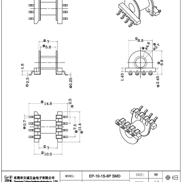 EP10 SMT Transformer Bobbins (4+4P),EP10 Transformer Accessories Bobbins，PM9630 Material, With Good High Temperature Resistance. photo-2
