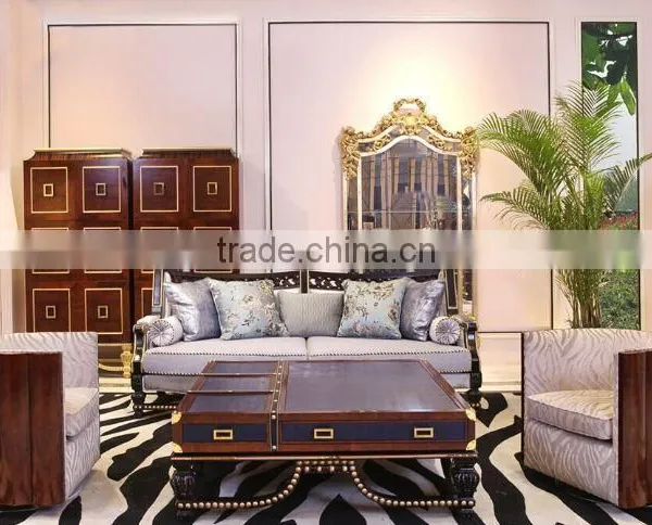 Neoclassic Living Furniture Set Wood Frame Fabric Sofa Gold Length Mirror