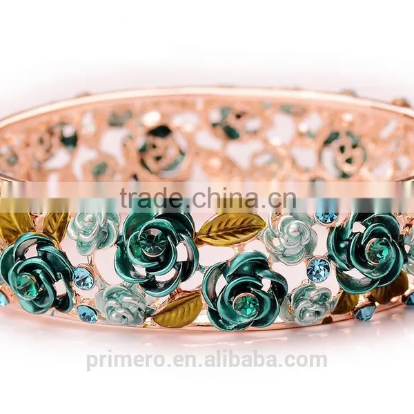 Rhinestone Embed Hollow Leaves Blessing Flowers Rose Golden Bracelets Bangles Women photo-3