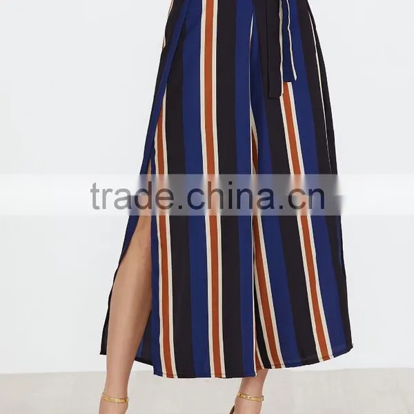 Vertical Striped Slit Side Wide Leg With Belt Fashion Pants for Women photo-4
