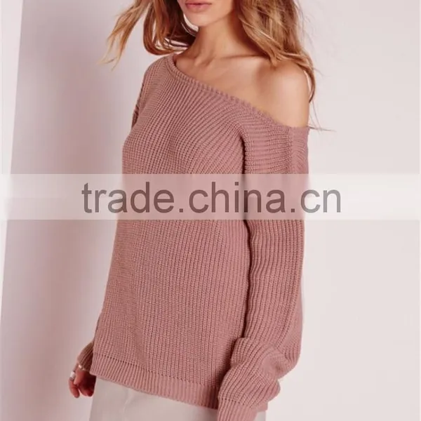 China OEM Winter Autumn Pullover Wide Neck Sweater Women Cashmere Ladies Jumpers Off Shoulder Jumper Pink photo-5
