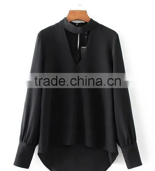 Runwaylover EY2376B Ladies 2017 Deep V-Neck Sexy Pure Color Blouse photo-5