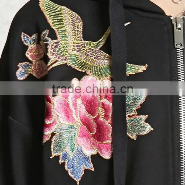 High Quality Windproof Blcak Embroidered Floral Hoodie Womens Long Jackets photo-5