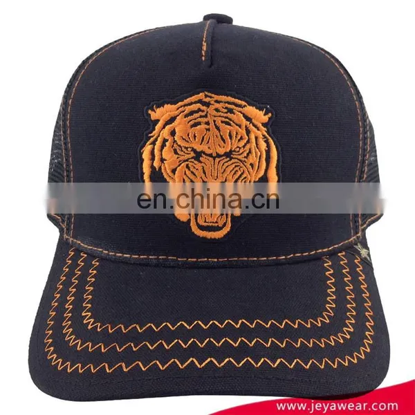 Dongguan Factory High Profile Trucker Hat 5 Panel Black 100%cotton Baseball Cap With Lion Embroidery photo-4