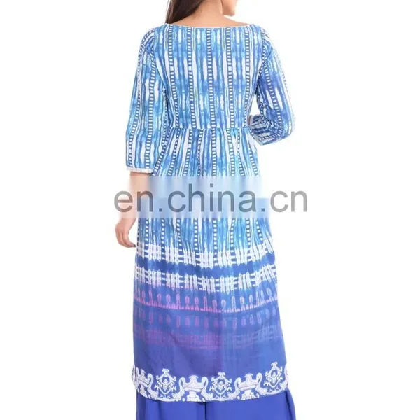 Designer Long Dress Cotton Flared Front Open Slit Boat Neck Blue Color 3/4 Sleeve For Women Manufacturer of Kurti India photo-4