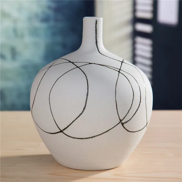 Japanese Abstarct Style Large White Hand Made Line Ceramic Vase For Art Home Soft Decoration photo-3