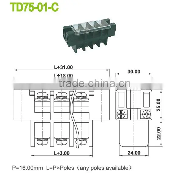 16.0mm Pitch Perforate Through Panel Terminal Block 600V 75A With Screw photo-2