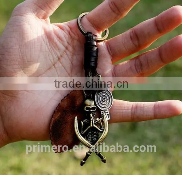 Retro Punk Jewelry Alloy Skull Braided Men Real Leather Skeleton Key Chains photo-6
