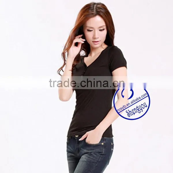 Custom 100 Viscose V-neck t Shirt Women Wholesale photo-2