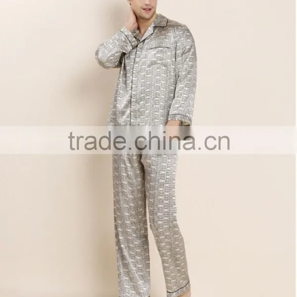 100% Silk Simple Print Pattern Men Silk Night Gown photo-2
