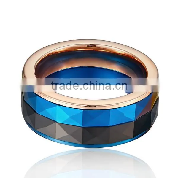 Men's Blue 316L Stainless Steel Ring, Blue Faceted Tungsten Ring, Black Faceted Tungsten Ring photo-3