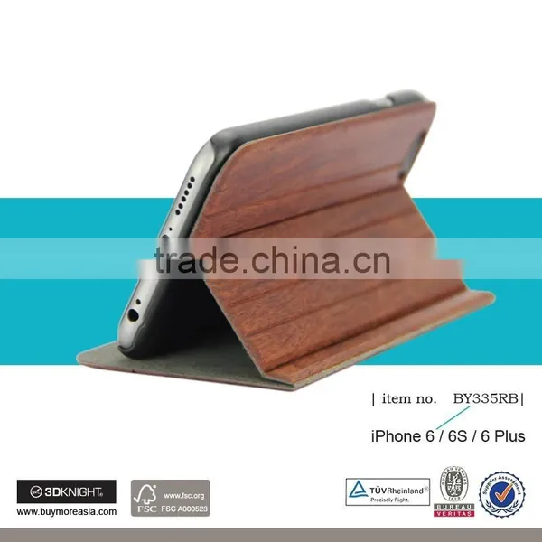 Natural Luxury Rosewood Full Wood Phone Bumper Case, Smooth Leather Wooden Stand Flip Bamboo Phone Case for IPhone 6 6s Plus photo-3