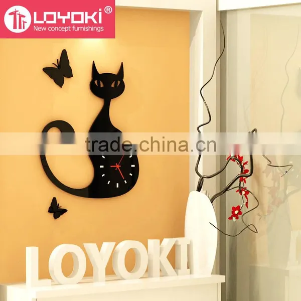Wall Hanging Home Decorative Wall Mounted Clock New Diy Design Lovely Cat Shape Wooden Wall Clock photo-4
