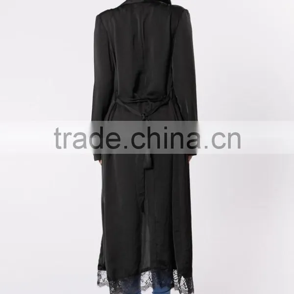 Outwear Casual Cover up Women 100% Polyester Light Weight Mock Pockets Lace Trim Hem Long Sleeve Duster Jacket photo-6