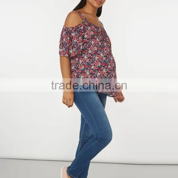 Ditsy Print Cold Shoulder Top With Tie Detailing Maternity Clothes Cheap photo-3