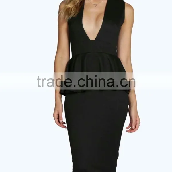 Yihao OEM Factory 2016 Women New Summer Latest Designs V Neck Midi Peplum Dress Fashion for Ladies photo-3