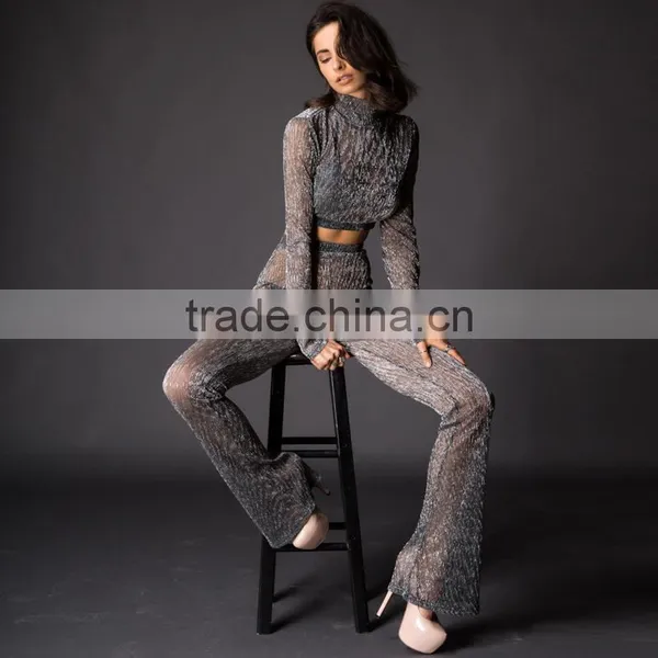 Runwaylover 084 Europe Style Ladies Two Piece Suits , Women Sexy Turtleneck Crop Top And Transparent Casual Pants photo-6
