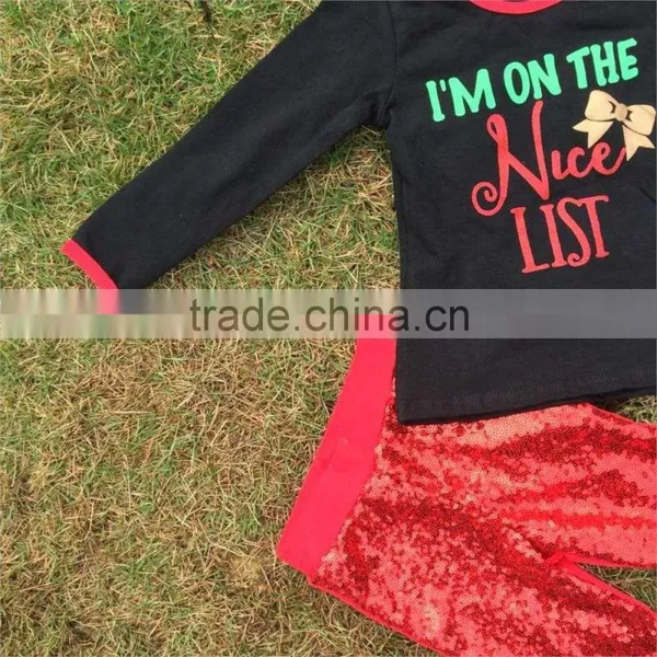 New Design Christmas Outfits Girl Baby Kids Wear "I'm on the Nice List" Red Sequins Pant With Matching Accessories Set photo-4