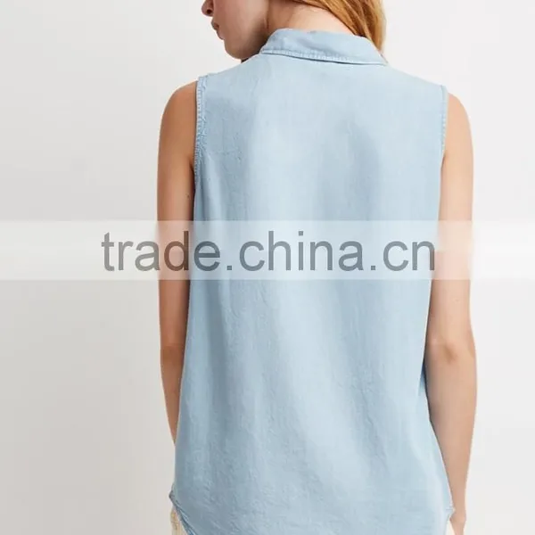 Fashion Sleeveless Lightweight Fabric Denim Shirt,collared Shirt With Patch Pocket photo-3