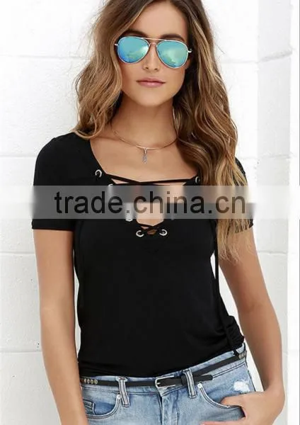 2017 Summer Europe and the United States V Collar Solid Color Tie Female T Shirt Shirt photo-2