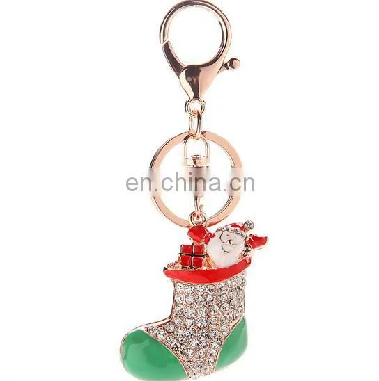 Stock Christmas Gift Charm Lady Rhinestone Metal Christmas Stockings Keychain photo-4