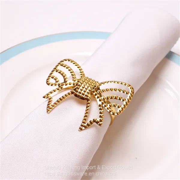 Plated Gold Bow Knot Rhinestone Napkin Ring For Festival's Table Decoration photo-3