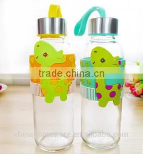 Promotion Summer Student Animal Water Glass Bottle With Stainless Steel Lid&silicone Sleeve