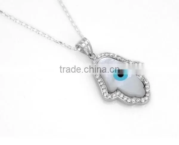 Rhodium Plated 925 Sterling Silver Cubic Zircon&Mother Of Pearl Hamsa Hand Necklace With Cz Stone photo-2