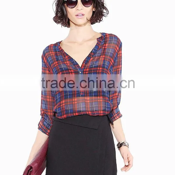 Women's Basic Classic Lightweight Collar Plaid Chiffon Shirt photo-3