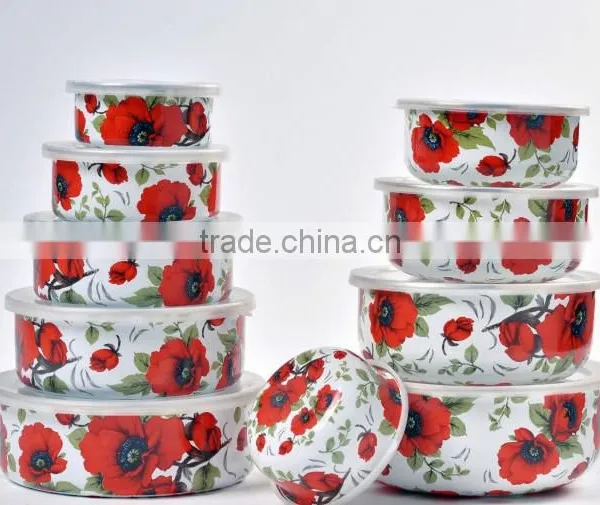Flower Decal Printing Enamel Storage Food Container Set With Plastic Lids photo-2