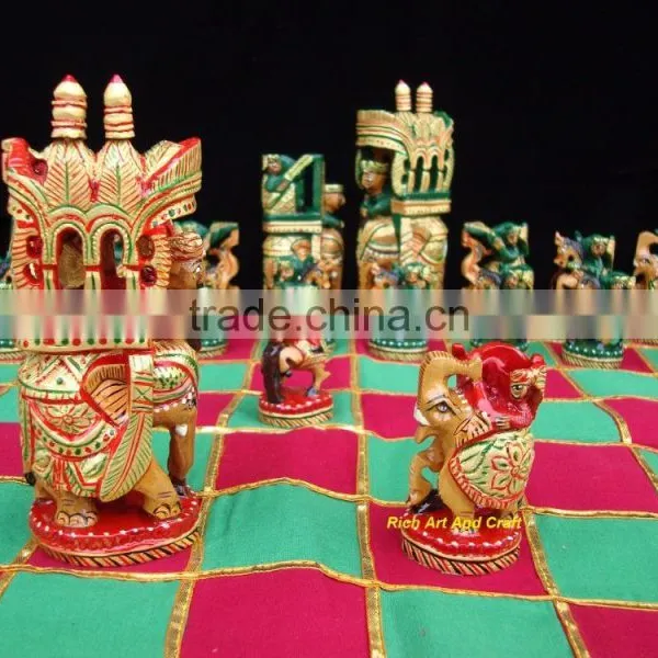 Hand Crafted Hand Painted Artisan India Art & Craft Fine Carvin Wooden Chess Set