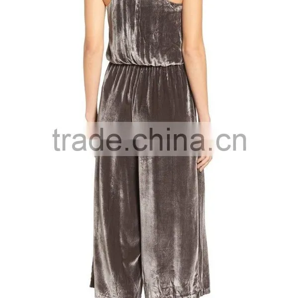 Top Selling New Fashion Lady Loose Casual Romper Sexy Plain Comfy Shimmer Shine Crushed Velvet Camisole Jumpsuit photo-3